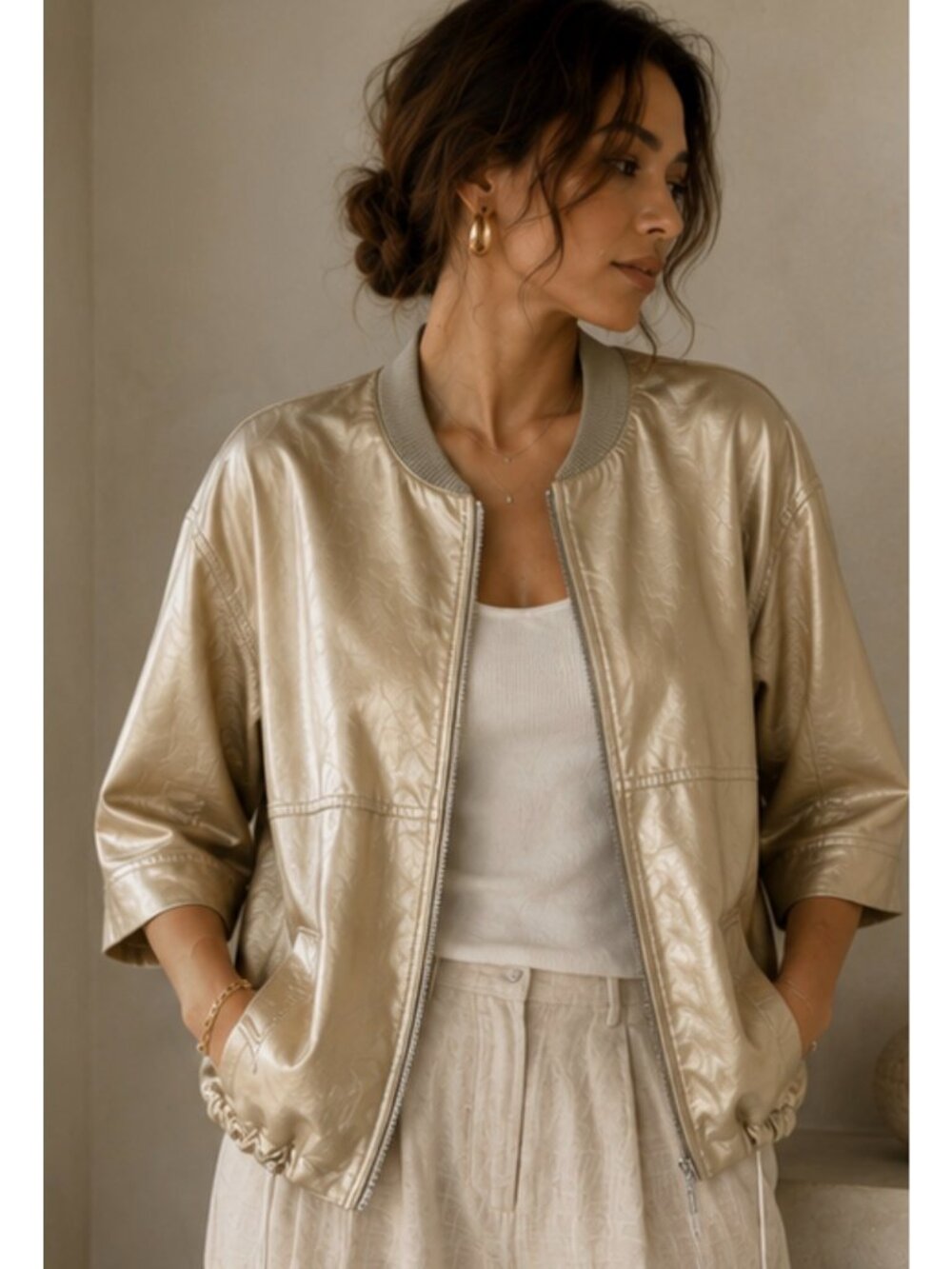 Longchamp metallic gold leather bomber jacket  Size 36/ US 6/ S